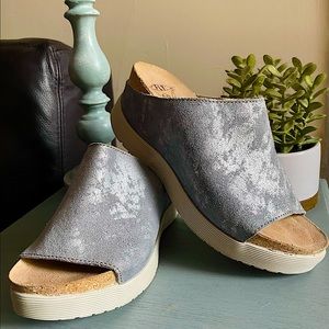 Fly London Wigg Silver Suede Cork Slides - Size 37 EU, 6.5 US